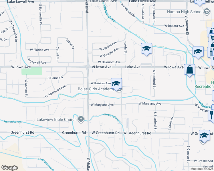 map of restaurants, bars, coffee shops, grocery stores, and more near 1707 Kansas Place in Nampa