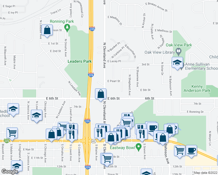 map of restaurants, bars, coffee shops, grocery stores, and more near 604 North Cleveland Avenue in Sioux Falls