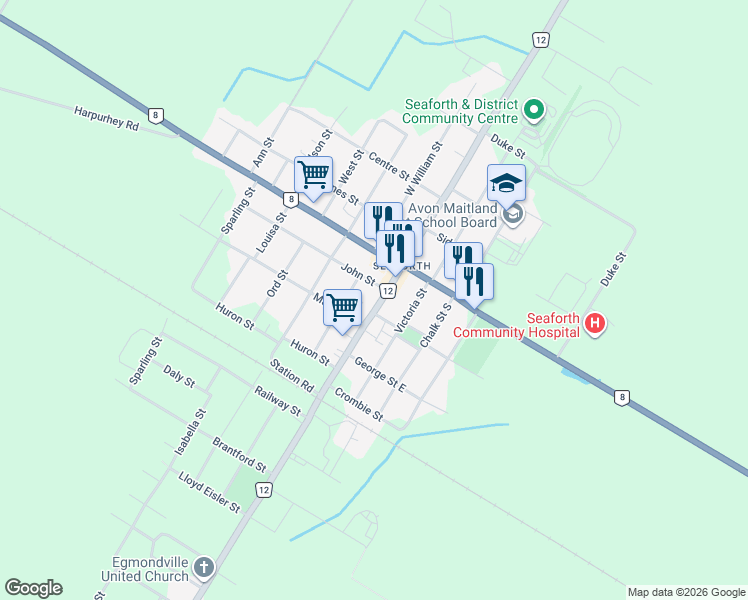 map of restaurants, bars, coffee shops, grocery stores, and more near 23 Regional Highway 12 in Huron County