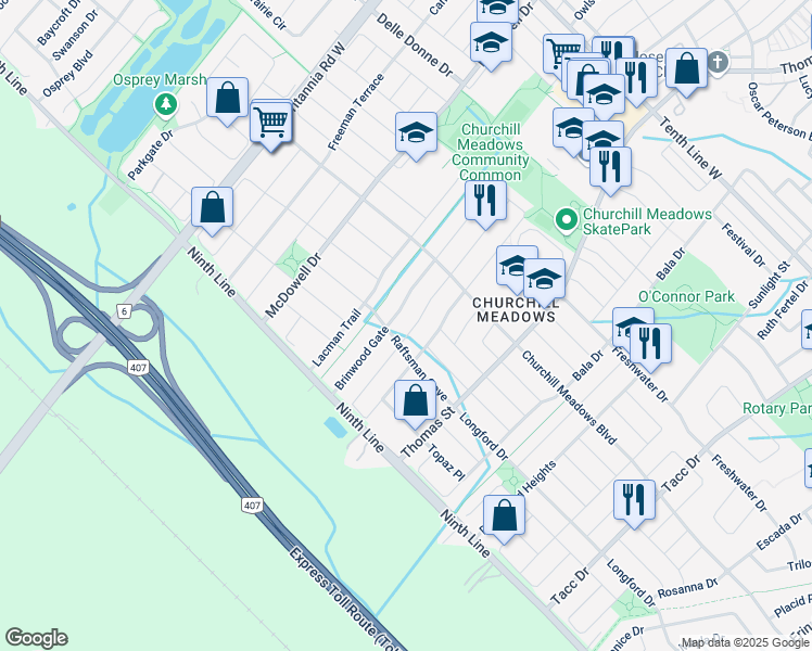 map of restaurants, bars, coffee shops, grocery stores, and more near 3775 Pearlstone Drive in Mississauga