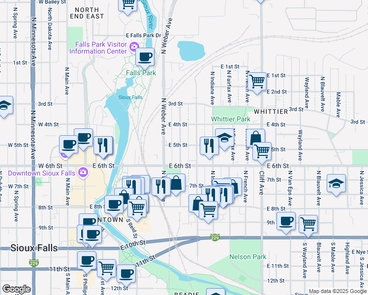 map of restaurants, bars, coffee shops, grocery stores, and more near 432 North Nesmith Avenue in Sioux Falls