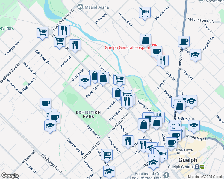 map of restaurants, bars, coffee shops, grocery stores, and more near 22 Kerr Street in Guelph
