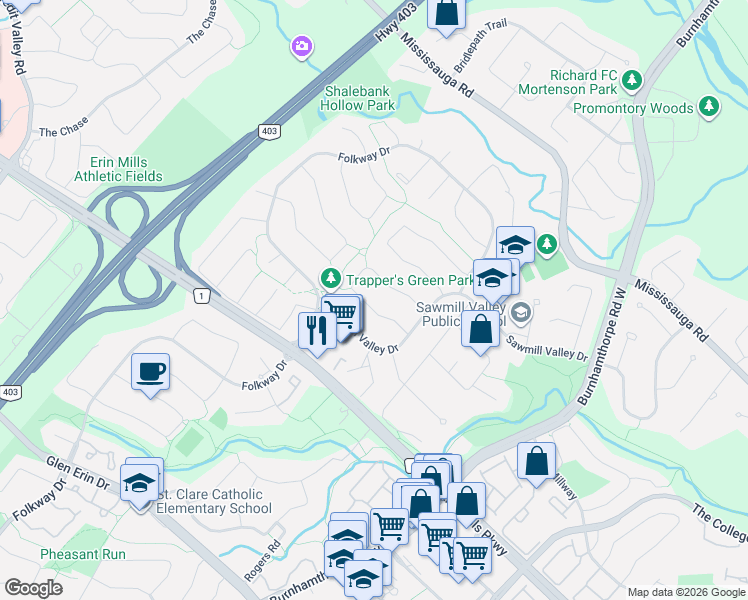 map of restaurants, bars, coffee shops, grocery stores, and more near 4193 Stonemason Crescent in Mississauga