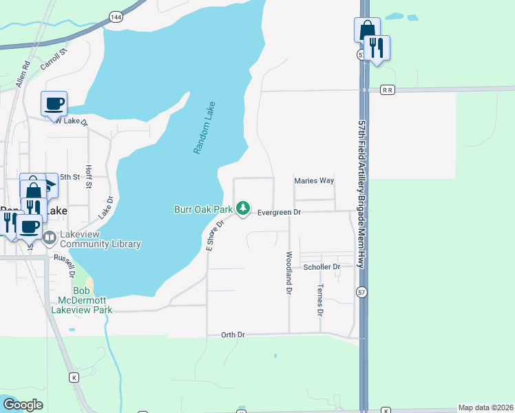 map of restaurants, bars, coffee shops, grocery stores, and more near 89 Evergreen Dr in Random Lake
