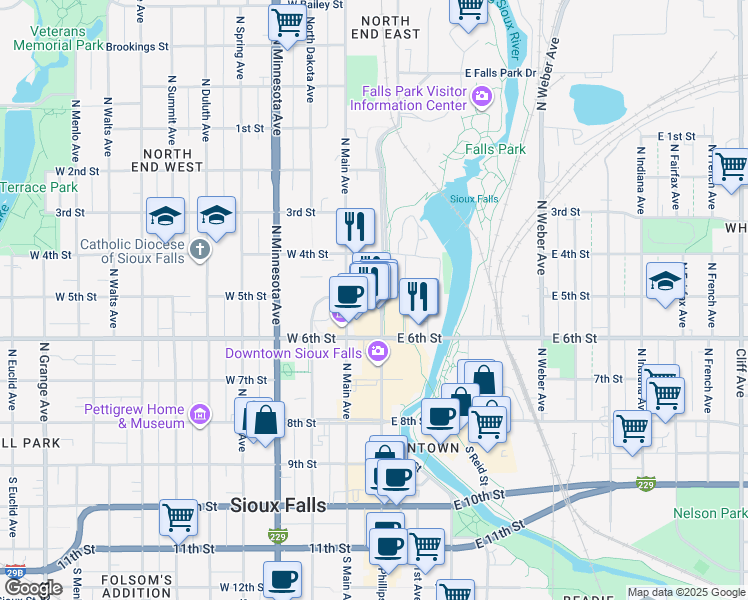 map of restaurants, bars, coffee shops, grocery stores, and more near 431 North Phillips Avenue in Sioux Falls
