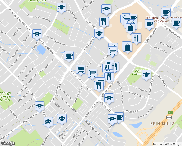 map of restaurants, bars, coffee shops, grocery stores, and more near 16 Hazelton Place in Mississauga