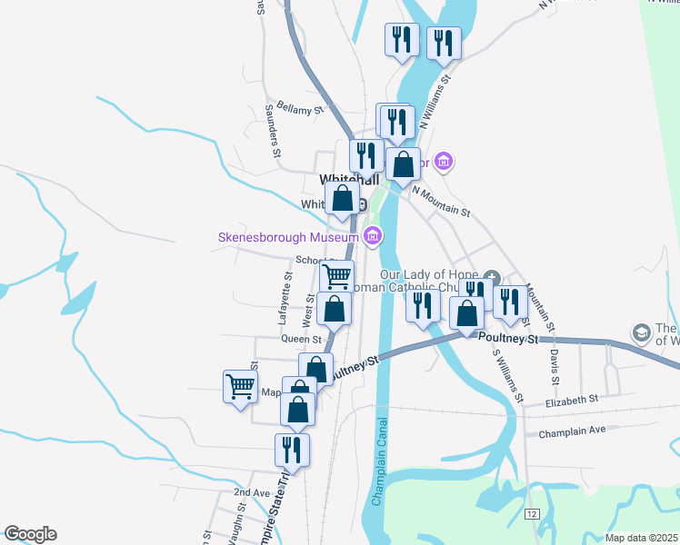 map of restaurants, bars, coffee shops, grocery stores, and more near 102 Broadway in Whitehall