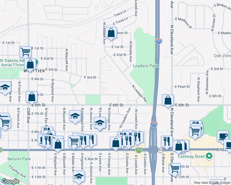 map of restaurants, bars, coffee shops, grocery stores, and more near 2012 East 5th Street in Sioux Falls
