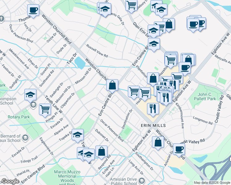 map of restaurants, bars, coffee shops, grocery stores, and more near 5170 Winston Churchill Boulevard in Mississauga