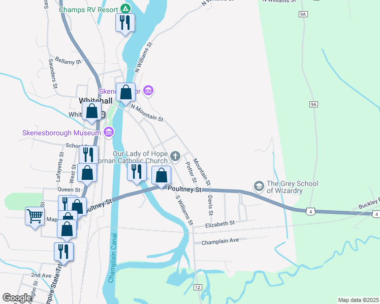 map of restaurants, bars, coffee shops, grocery stores, and more near Mountain Street in Whitehall