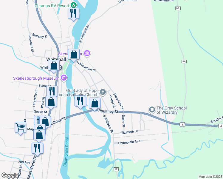 map of restaurants, bars, coffee shops, grocery stores, and more near Mountain Street in Whitehall