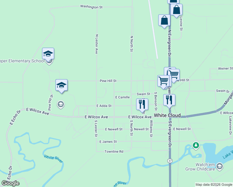 map of restaurants, bars, coffee shops, grocery stores, and more near 910 East Liberty Lane in White Cloud