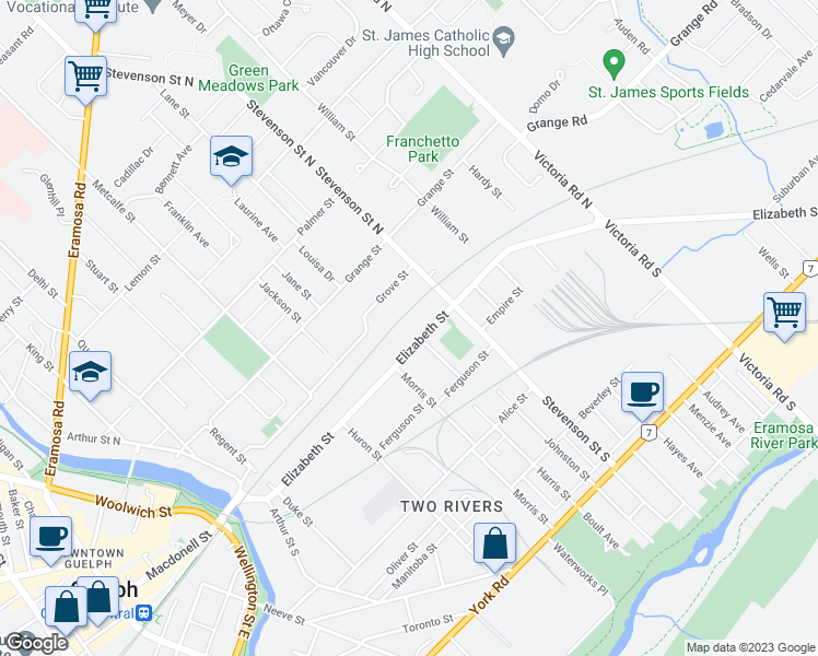 map of restaurants, bars, coffee shops, grocery stores, and more near 194 Elizabeth Street in Guelph