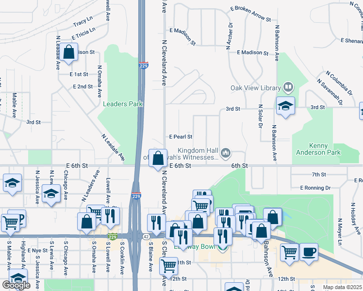 map of restaurants, bars, coffee shops, grocery stores, and more near 600 North Harrington Avenue in Sioux Falls