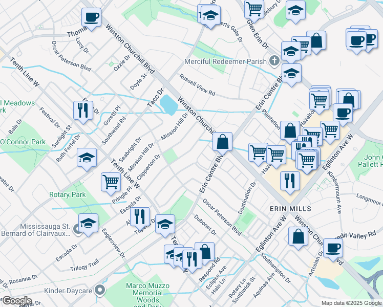 map of restaurants, bars, coffee shops, grocery stores, and more near 3084 Cabano Crescent in Mississauga