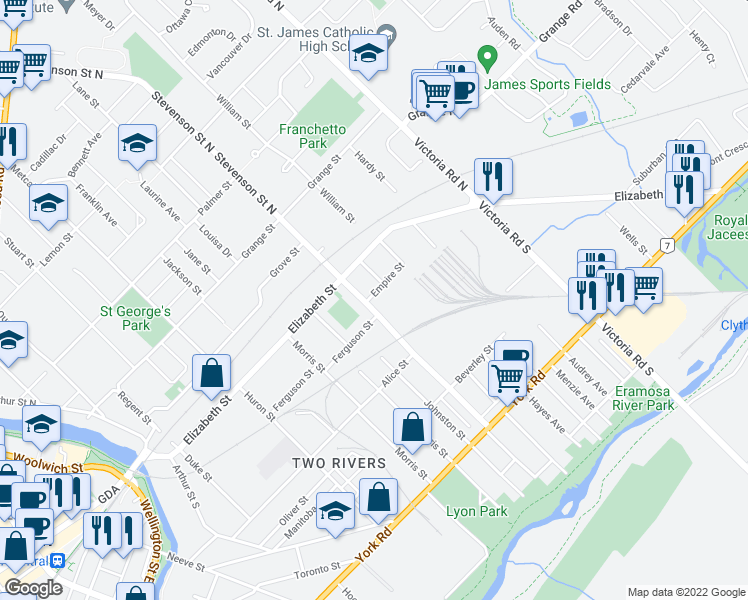 map of restaurants, bars, coffee shops, grocery stores, and more near 58 Stevenson Street South in Guelph
