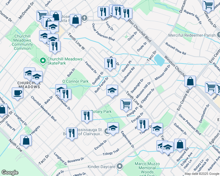 map of restaurants, bars, coffee shops, grocery stores, and more near 3333 Chief Mbulu Way in Mississauga