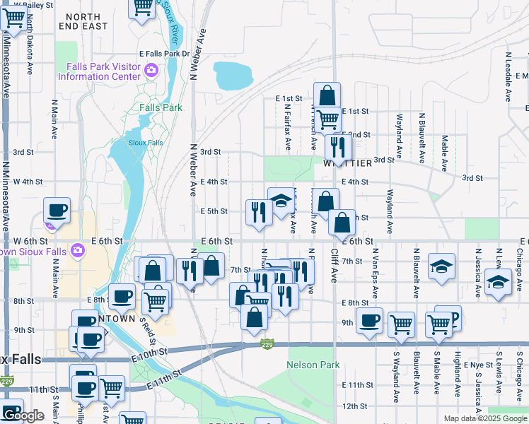 map of restaurants, bars, coffee shops, grocery stores, and more near 901 East 5th Street in Sioux Falls