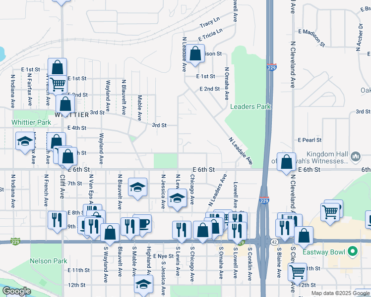 map of restaurants, bars, coffee shops, grocery stores, and more near 1804 East 5th Street in Sioux Falls