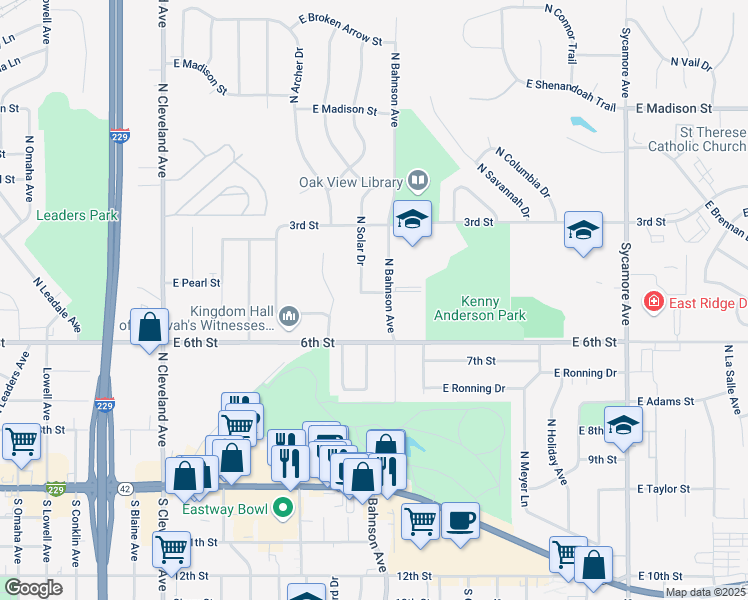 map of restaurants, bars, coffee shops, grocery stores, and more near 507 North Solar Drive in Sioux Falls