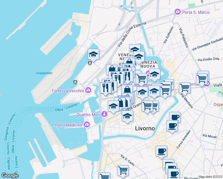 map of restaurants, bars, coffee shops, grocery stores, and more near 28 Via Strozzi in Livorno