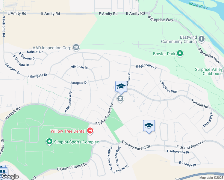 map of restaurants, bars, coffee shops, grocery stores, and more near 5473 South Yarrow Place in Boise