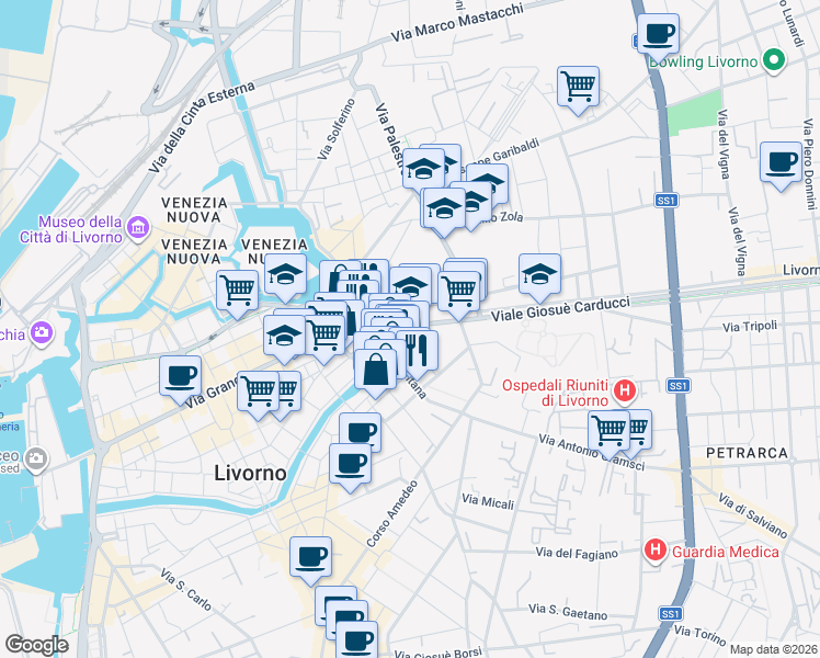 map of restaurants, bars, coffee shops, grocery stores, and more near 50 Via de Larderel in Livorno