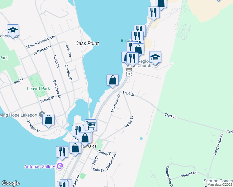 map of restaurants, bars, coffee shops, grocery stores, and more near 3 Stark Street in Laconia