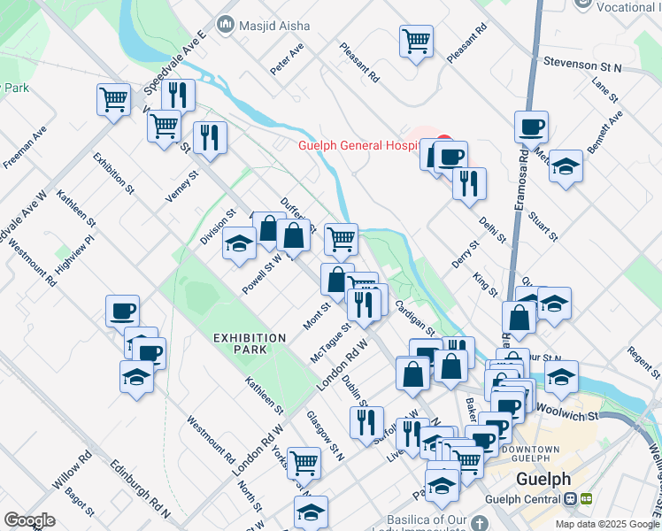 map of restaurants, bars, coffee shops, grocery stores, and more near 22 Kerr Street in Guelph