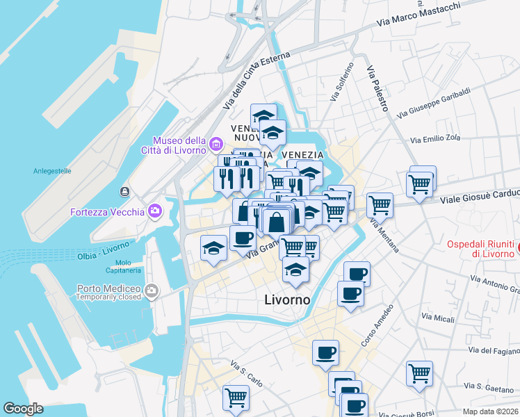 map of restaurants, bars, coffee shops, grocery stores, and more near 9 Scali del Corso in Livorno