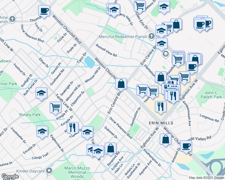 map of restaurants, bars, coffee shops, grocery stores, and more near 5255 Palmetto Place in Mississauga