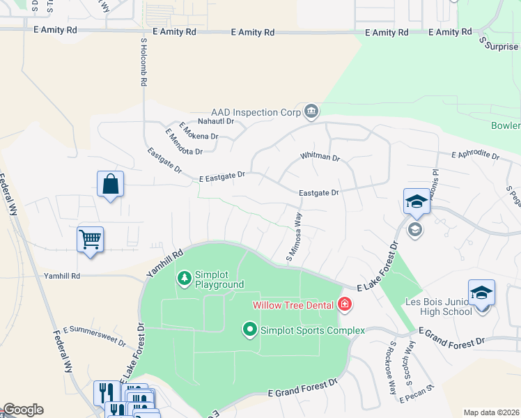 map of restaurants, bars, coffee shops, grocery stores, and more near 3037 East Anemone Court in Boise