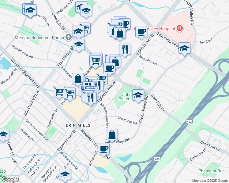 map of restaurants, bars, coffee shops, grocery stores, and more near in Mississauga