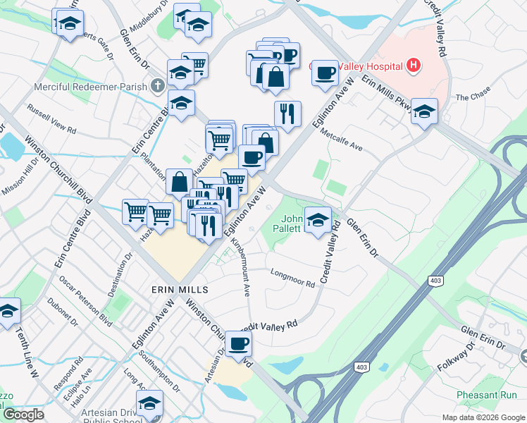 map of restaurants, bars, coffee shops, grocery stores, and more near 4850 Glen Erin Drive in Mississauga