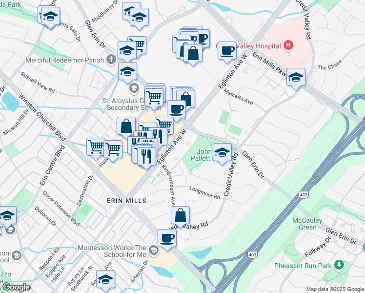 map of restaurants, bars, coffee shops, grocery stores, and more near in Mississauga