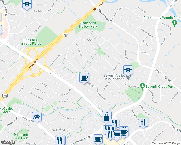 map of restaurants, bars, coffee shops, grocery stores, and more near 4181 Stonemason Crescent in Mississauga