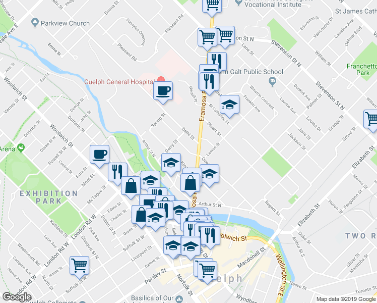 map of restaurants, bars, coffee shops, grocery stores, and more near 113 Queen St in Guelph