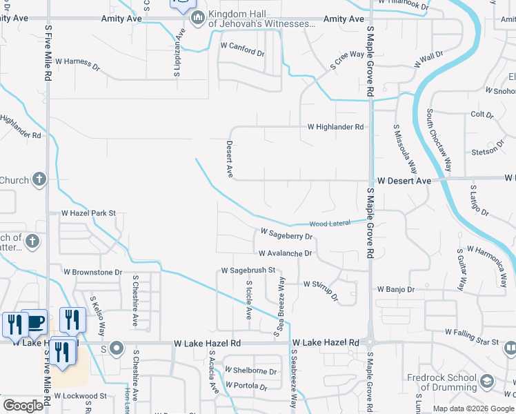 map of restaurants, bars, coffee shops, grocery stores, and more near 5545 Cortez Place in Boise