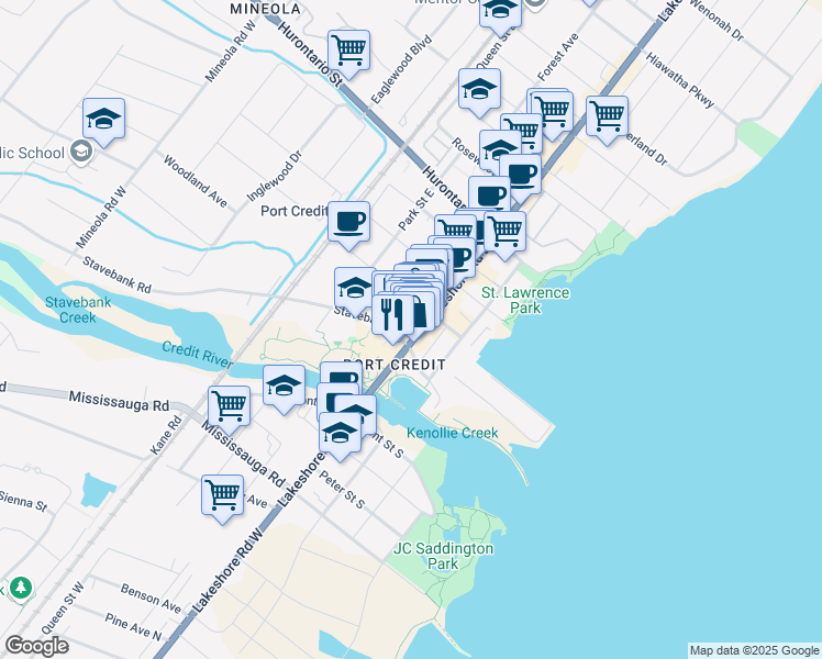 map of restaurants, bars, coffee shops, grocery stores, and more near in Mississauga