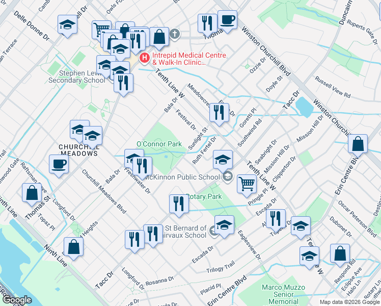 map of restaurants, bars, coffee shops, grocery stores, and more near 3330 Sunlight Street in Mississauga