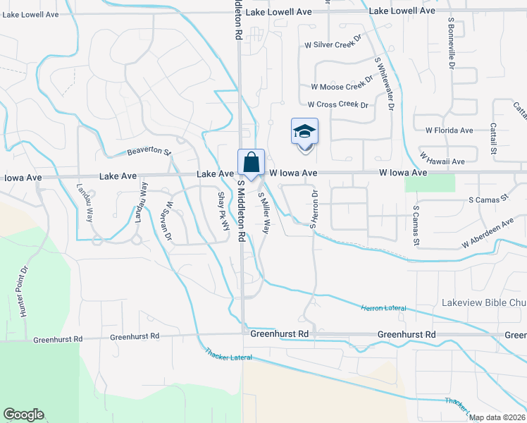 map of restaurants, bars, coffee shops, grocery stores, and more near 2505 West Mill Court in Nampa