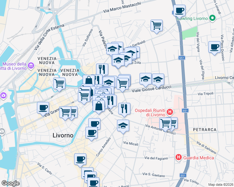 map of restaurants, bars, coffee shops, grocery stores, and more near in Livorno