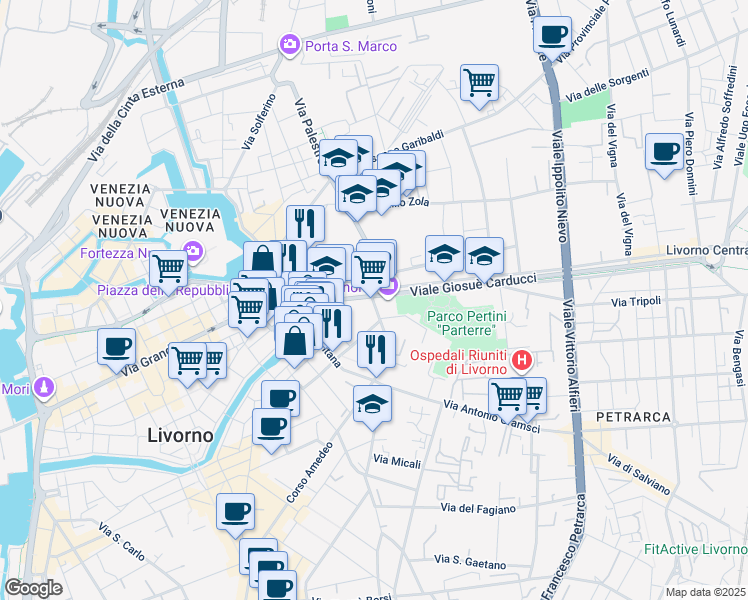 map of restaurants, bars, coffee shops, grocery stores, and more near in Livorno