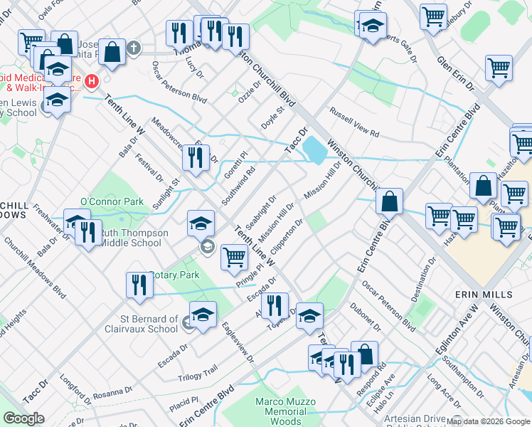 map of restaurants, bars, coffee shops, grocery stores, and more near 3152 Seabright Drive in Mississauga