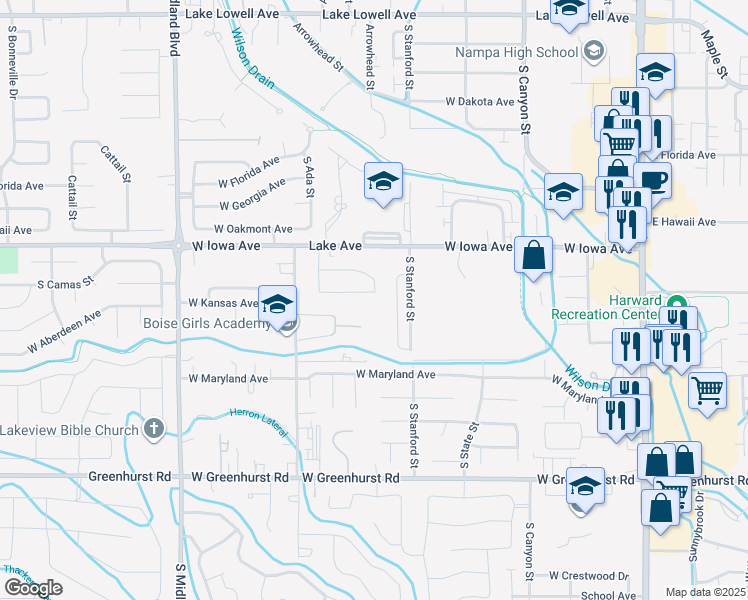 map of restaurants, bars, coffee shops, grocery stores, and more near 635 Aberdeen Drive in Nampa