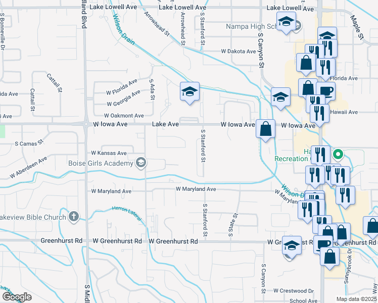 map of restaurants, bars, coffee shops, grocery stores, and more near 635 Aberdeen Drive in Nampa