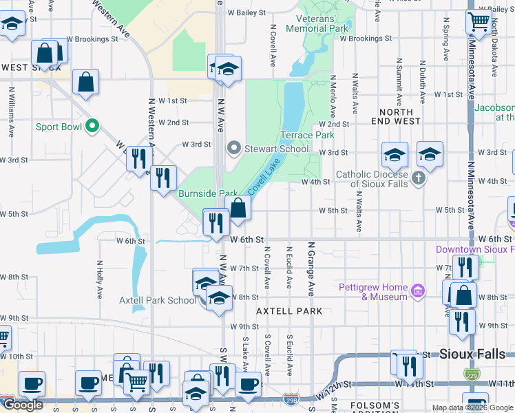 map of restaurants, bars, coffee shops, grocery stores, and more near 1210 West 5th Street in Sioux Falls