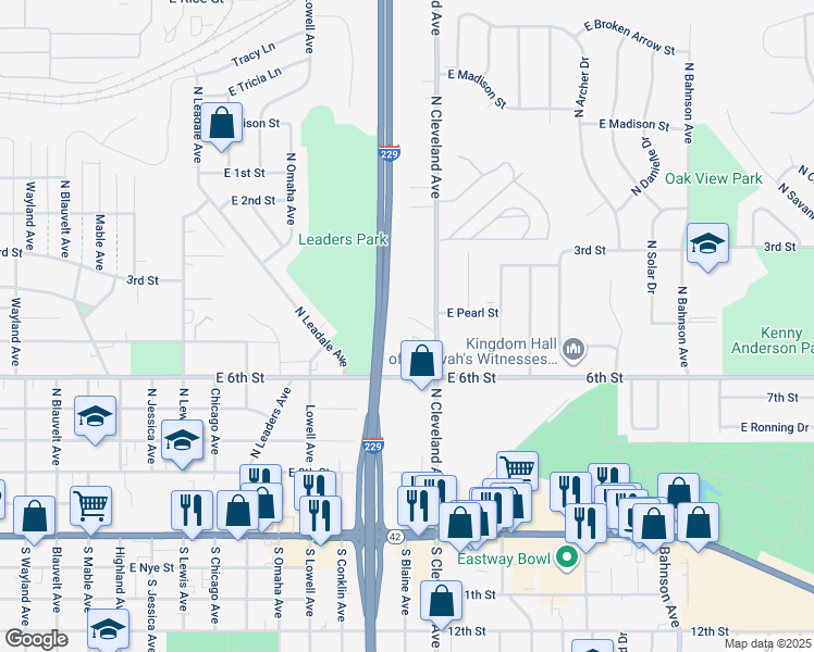 map of restaurants, bars, coffee shops, grocery stores, and more near Interstate 229 in Sioux Falls