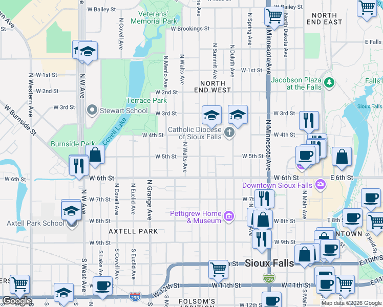 map of restaurants, bars, coffee shops, grocery stores, and more near 816 West 5th Street in Sioux Falls
