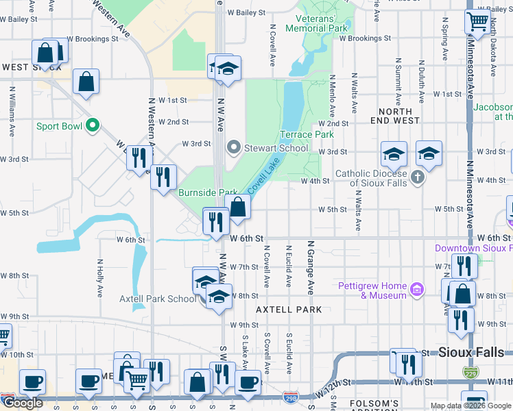 map of restaurants, bars, coffee shops, grocery stores, and more near 1210 West 5th Street in Sioux Falls